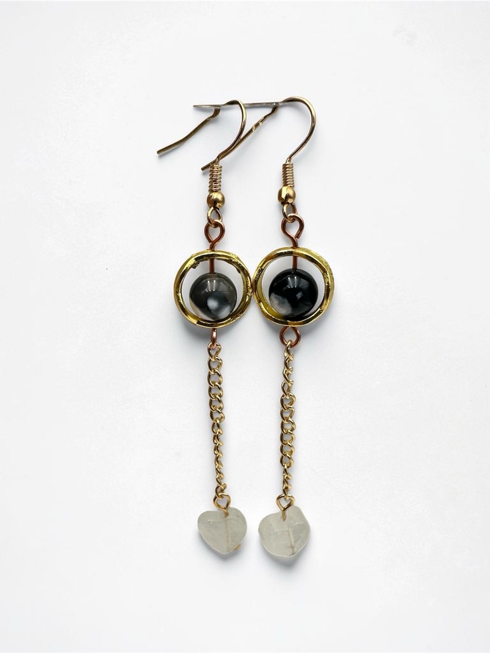 Handmade Black & White Beaded Dangle Earrings Gold Chain Drop Jewelry